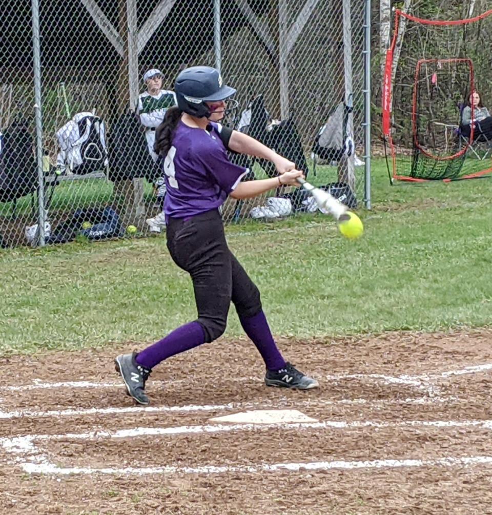 Monty Tech's Holli Blood hits a ground ball to third base during Wednesdays game against Oakmont in Ashburnham.