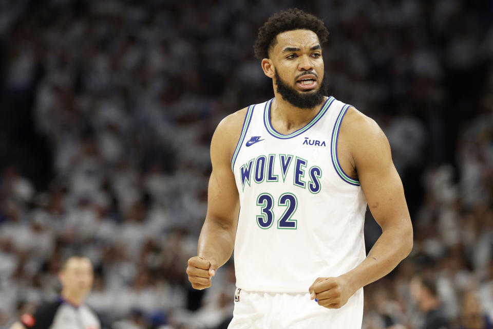 MINNEAPOLIS, MINNESOTA – MAY 22: Karl-Anthony Towns #32 of the Minnesota Timberwolves reacts in the fourth quarter against the Dallas Mavericks in Game 1 of the Western Conference Finals at Target Center on May 22, 2024 in Minneapolis, Minnesota. NOTE TO USER: User expressly acknowledges and agrees that by downloading and/or using this photograph, User is agreeing to the terms and conditions of the Getty Images License Agreement. (Photo by David Berding/Getty Images)