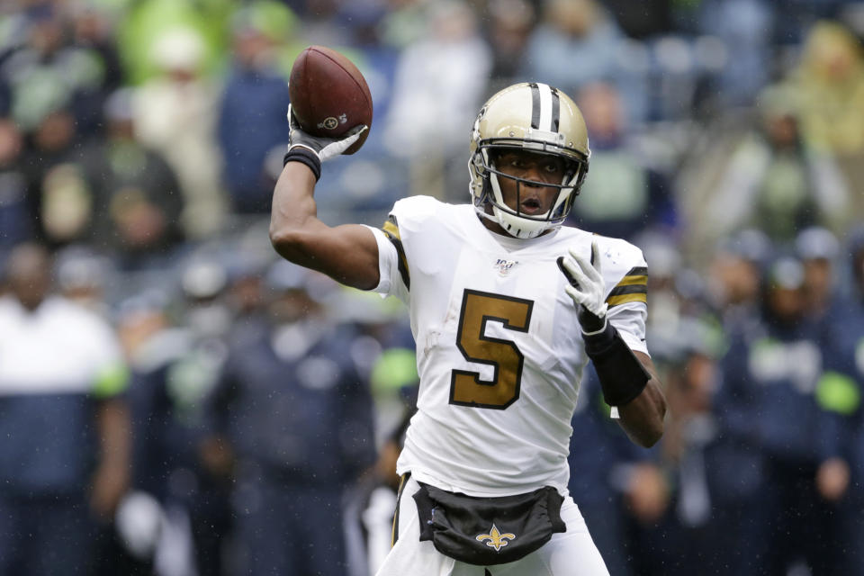 New Orleans Saints quarterback Teddy Bridgewater readies a throw against the Seattle Seahawks during the second half of an NFL football game, Sunday, Sept. 22, 2019, in Seattle. (AP Photo/Scott Eklund)