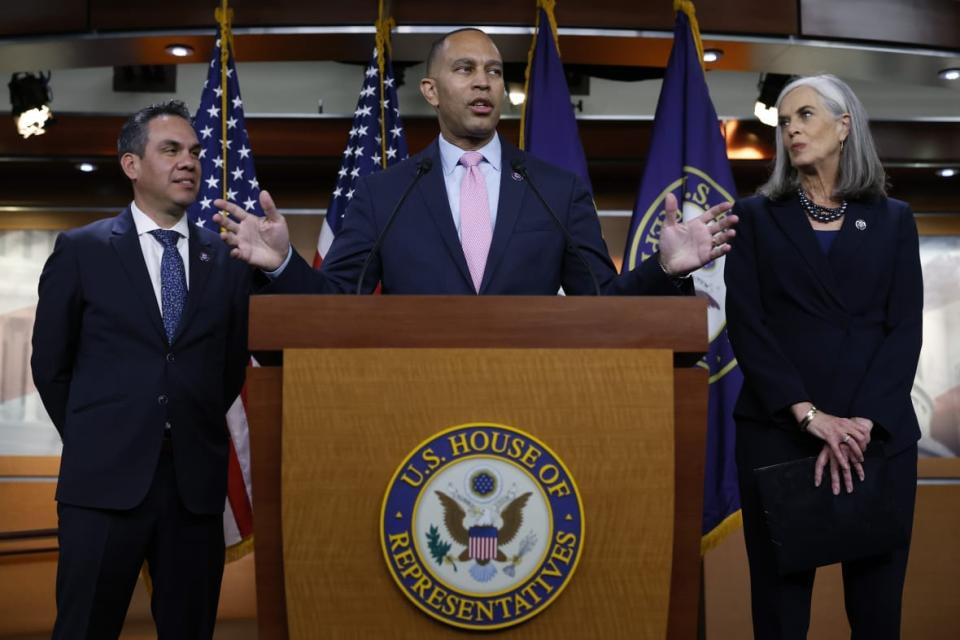 Rep. Hakeem Jeffries (D-NY) (C) holds a news conference with Rep. Pete Aguilar (D-CA) (L) and Rep. Katherine Clark (D-MA) after they were elected by the House Democratic caucus into leadership at the U.S. Capitol Visitors Center on November 30, 2022 in Washington, DC.(Photo by Chip Somodevilla/Getty Images)