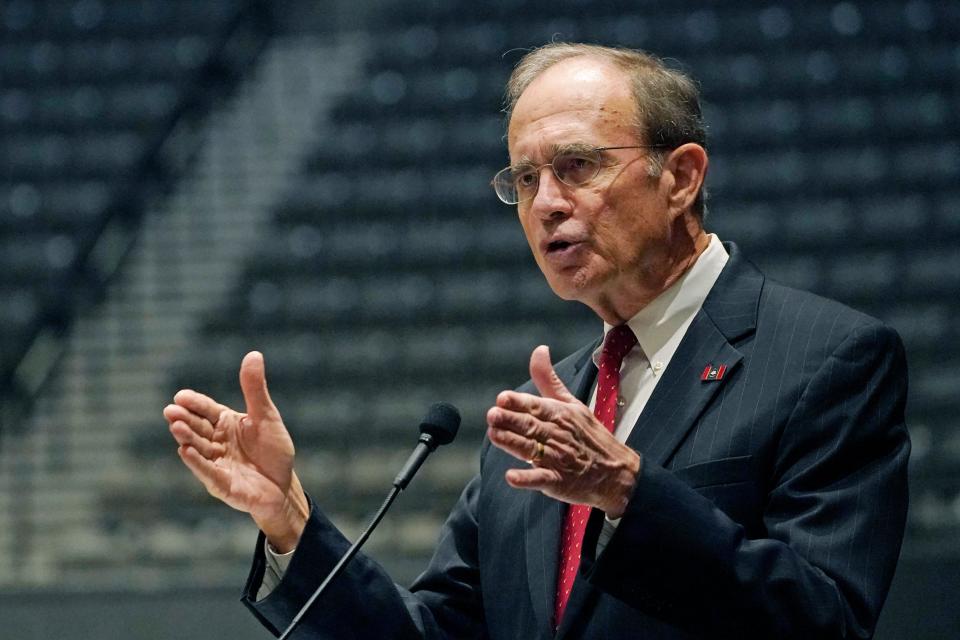 Lt. Gov. Delbert Hosemann addresses business leaders at the Mississippi Economic Council's annual "Hobnob Mississippi" in Jackson, Miss., Thursday, Oct. 28, 2021. (AP Photo/Rogelio V. Solis)