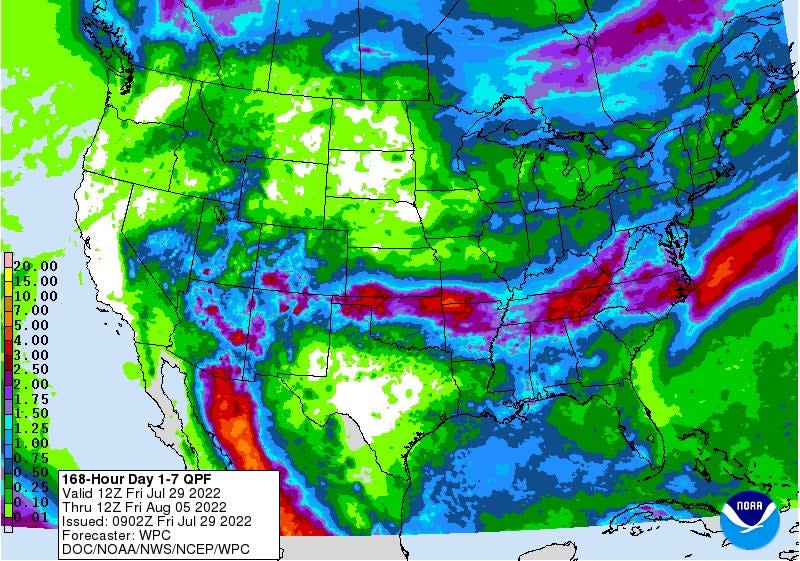 Seven-day rainfall potential, showing up to four inches in part of the country (NOAA)