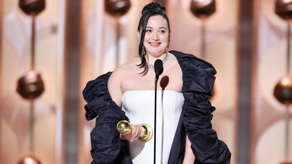 PHOTO: Lily Gladstone accepts award for Best Performance by a Female Actor in a Motion Picture  Drama for 'Killers of the Flower Moon' at the 81st Golden Globe Awards held at the Beverly Hilton Hotel on January 7, 2024. (Rich Polk/Getty Images)