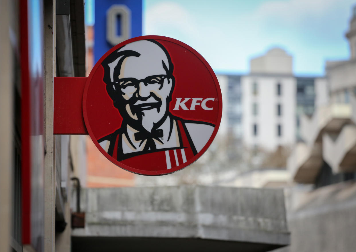 BRISTOL, ENGLAND - FEBRUARY 20:  The KFC logo is pictured outside a branch of KFC that is closed due to problems with the delivery of chicken on February 20, 2018 in Bristol, England. KFC has been forced to close hundred of its outlets as a shortage of chicken, due to a failure at the company's new delivery firm DHL, has disrupted the fast-food giant's UK operation and is thought to be costing the fast food chain £1million a day.  (Photo by Matt Cardy/Getty Images)