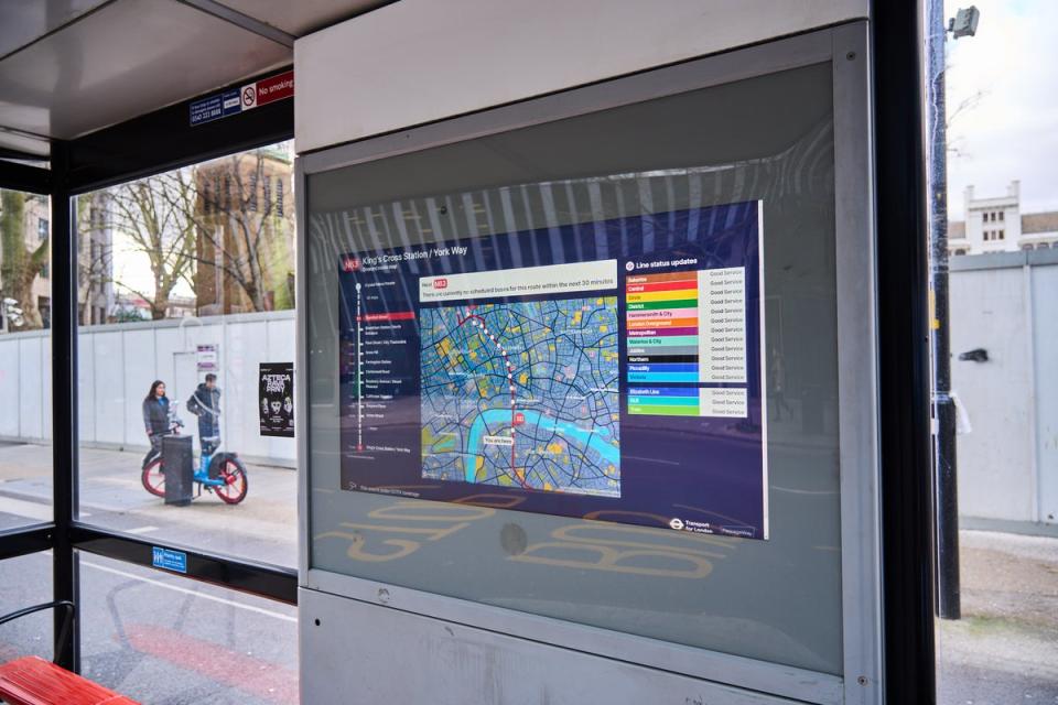 One of the TV-style bus information signs installed inside the bus shelter (TfL)