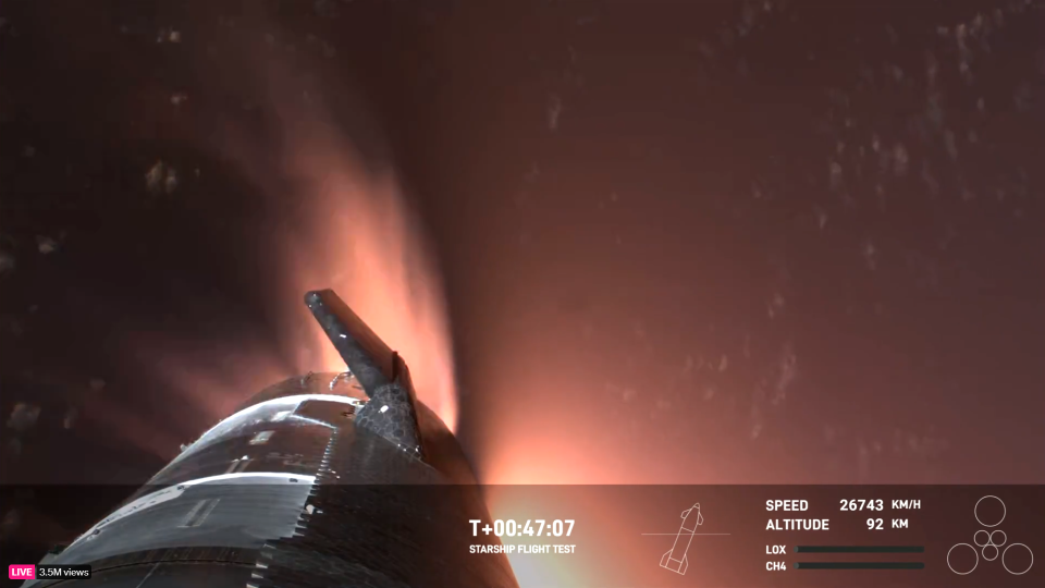 SpaceX's Flight 3 Starship rocket glows red as it heats up during reentry during a test flight on March 14, 2024.