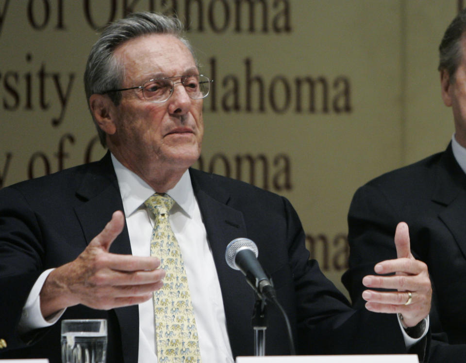 FILE - In this Jan. 7, 2008, file photo, Bill Brock, former Republican National Chairman and U.S. Senator from Tennessee, gestures as he speaks at a bipartisan summit at the University of Oklahoma in Norman, Okla. Brock, a former Tennessee senator and Republican chairman who rebuilt the party after the Watergate scandal, died Thursday, March 25, 2021, family friend Tom Griscom said. He was 90. (AP Photo/Sue Ogrocki, File)