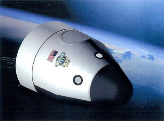 An artist's depiction of the secretive company Blue Origin's Space Vehicle, an orbital spacecraft for commercial manned spaceflights.