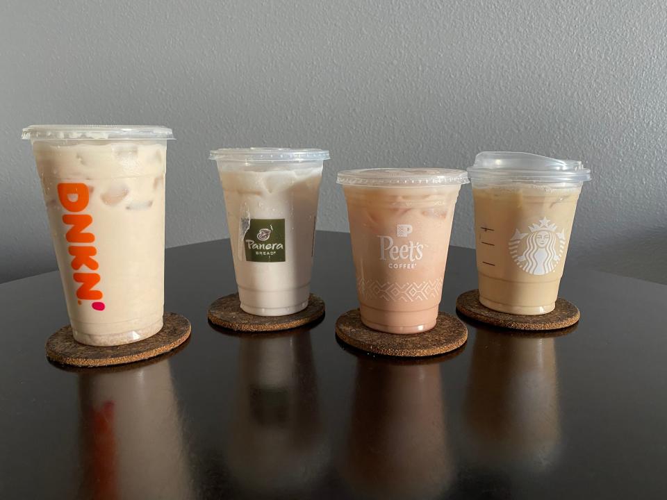 iced chai lattes from dunkin, panera, peet's, and starbucks