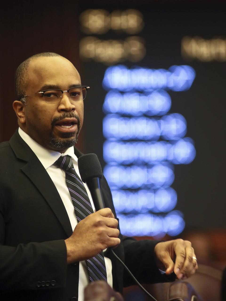 State Sen. Bobby Powell, D-West Palm Beach, speaks in opposition to Senate Bill 4B - Statewide Prosecutor, Wednesday, Feb. 8, 2023 at the Capitol in Tallahassee, Fla. (AP Photo/Phil Sears)