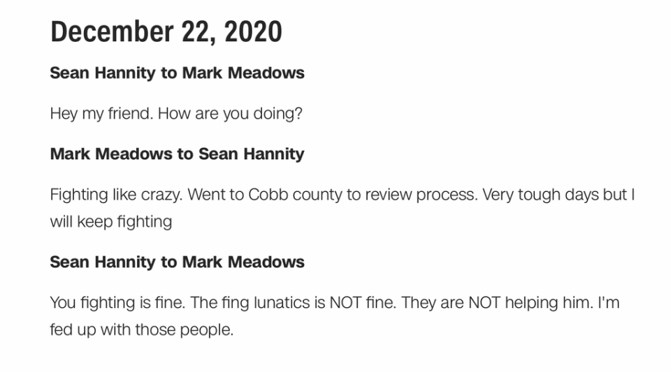 A 22 December 2020 text exchange between Mark Meadows and Sean Hannity (CNN)