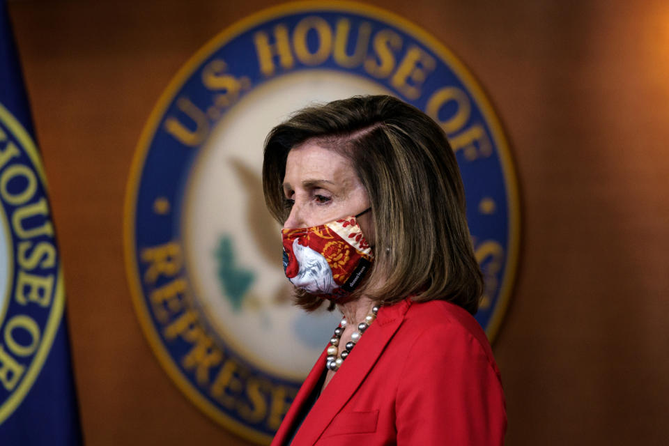 House Speaker Nancy Pelosi meets with reporters at the Capitol in Washington on Nov. 6, 2020.