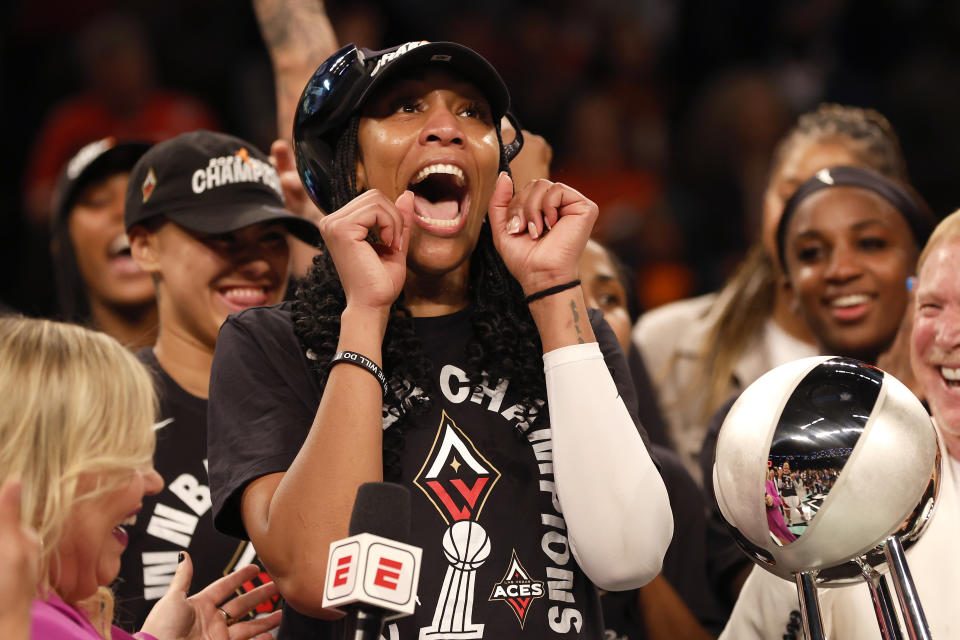 Las Vegas Aces forward A'ja Wilson celebrates after defeating the New York Liberty to win the 2023 WNBA Finals and back-to-back championships, at Barclays Center in New York City, on Oct. 18, 2023. (Photo by Sarah Stier/Getty Images)