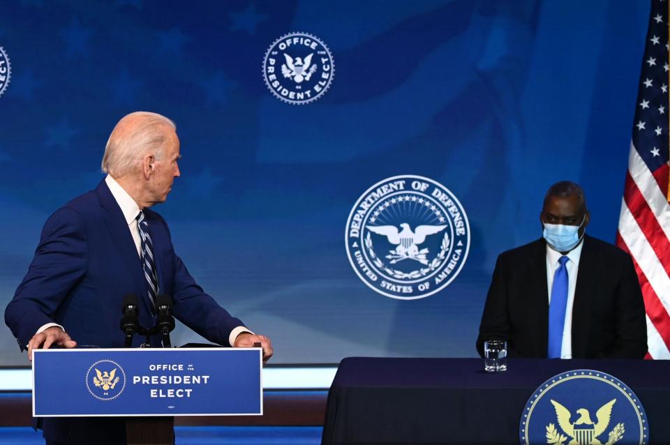 President-elect Joe Biden introduces his nominee for defense secretary, retired Army Gen. Lloyd Austin, on Dec. 9, 2020. (Photo: JIM WATSON/AFP via Getty Images)