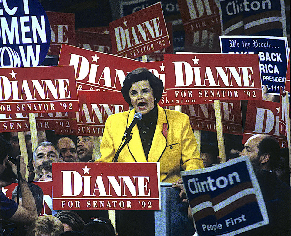 Dianne Feinstein addresses the 1992 Democratic National Convention. 