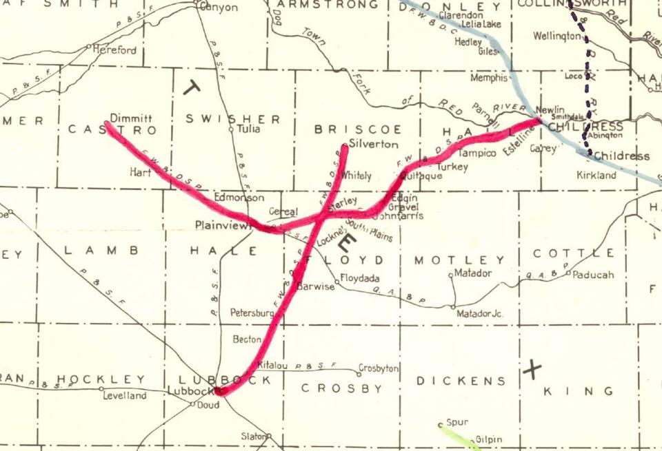 Map of the abandoned Fort Worth & Denver South Plains Railway.