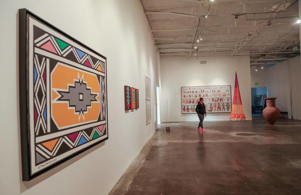 A piece by artist Esther Mahlangu, titled “Untitled” (far right), part of the coming exhibit To Weave the Sky: Textile Abstractions from the Jorge M. Pérez Collection at EL Espacio 23 Space in Miami on Tuesday, October 10, 2023.