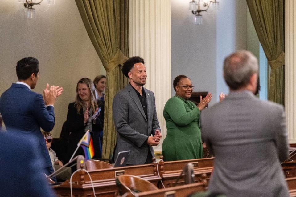 Sacramento State President Luke Wood smiles Thursday, June 6, 2024, as his university is being recognized as a Black Serving Institution in the Assembly. Sacramento State has the largest Black enrollment of any campus in the CSU system and has been designated a hub for Black student success.