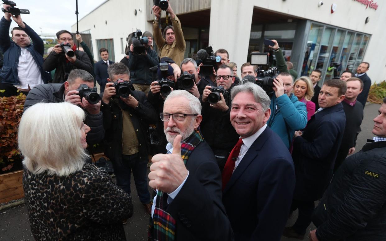Labour Party leader Jeremy Corbyn and Scottish Labour leader Richard Leonard visit the Heart of Scotstoun Community Centre in Glasgow - PA