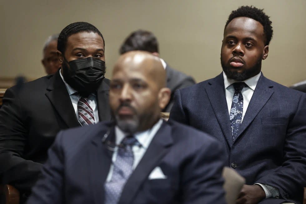 Former Memphis Police Officers Demetrius Haley, back left, and Tadarrius Bean, back right, appear in Judge James Jones’ courtroom on Monday Nov. 6, 2023. (Mark Weber/Daily Memphian via AP)