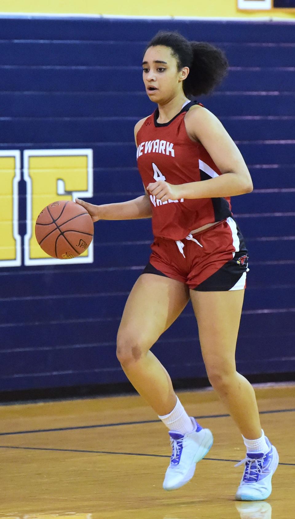 Newark Valley's Makana "Cha" Gardner became the program's career scoring leader in a 51-25 win over Elmira Notre Dame in girls basketball Feb. 2, 2024 at Notre Dame High School. Gardner needed five points to break the record of 1,269 points held by Denise Pitcher and scored 15 to move her total to 1,280.