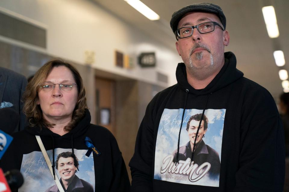 Lynda Rusu, left, stepmother of the late Justin Shilling and Craig Shilling, his father, speak to the media after Oakland County Judge Kwame Rowe sentenced Ethan Crumbley to life without parole on Friday, Dec. 08, 2023. Justin Shilling was gunned down in 2021 and killed by Crumbley at Oxford High School.