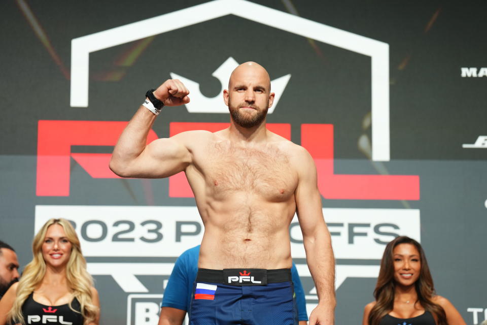 2023 PFL 8: New York Ceremonial Weigh Ins at the The Theater at Madison Square Garden in New York City, New York, Thursday, Aug. 17, 2023. (Cooper Neill / PFL)