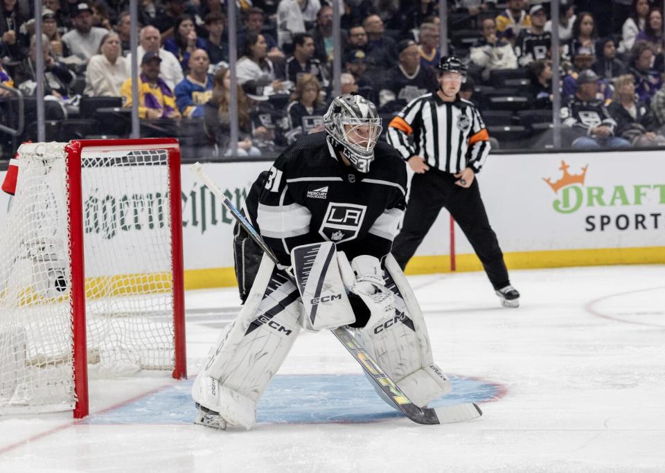 Kings goaltender David Rittich stands at the top of the crease during a 1-0 loss to the Oilers.
