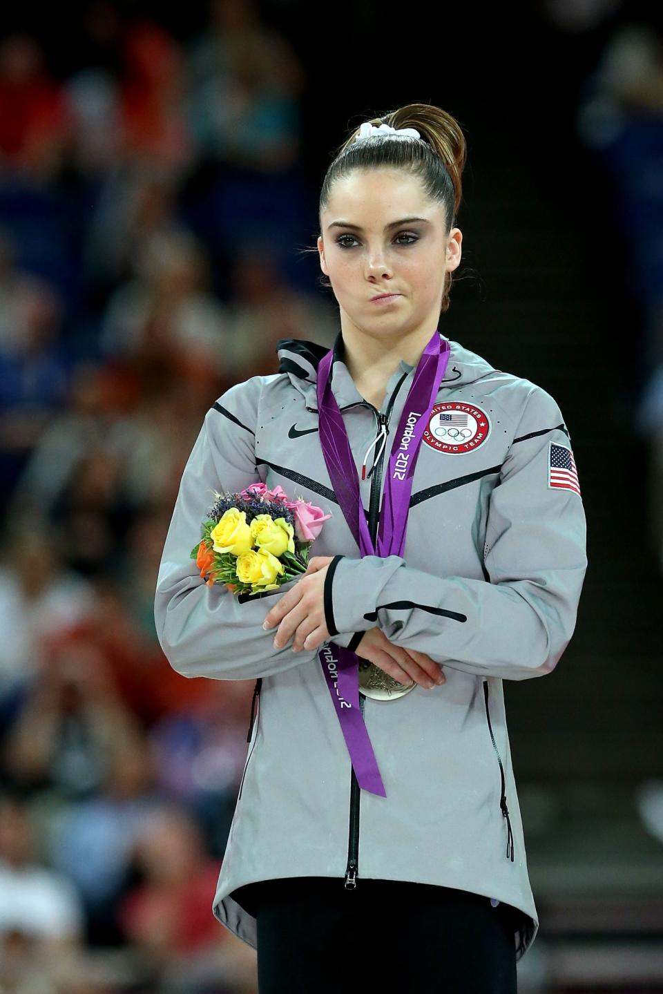 <p>McKayla Maroney Maroney of the United States stands on the podium with her silver medal during the medal ceremony following the Artistic Gymnastics Women’s Vault final on Day 9 of the London 2012 Olympic Games at North Greenwich Arena on August 5, 2012 in London, England. (Photo by Ronald Martinez/Getty Images) </p>