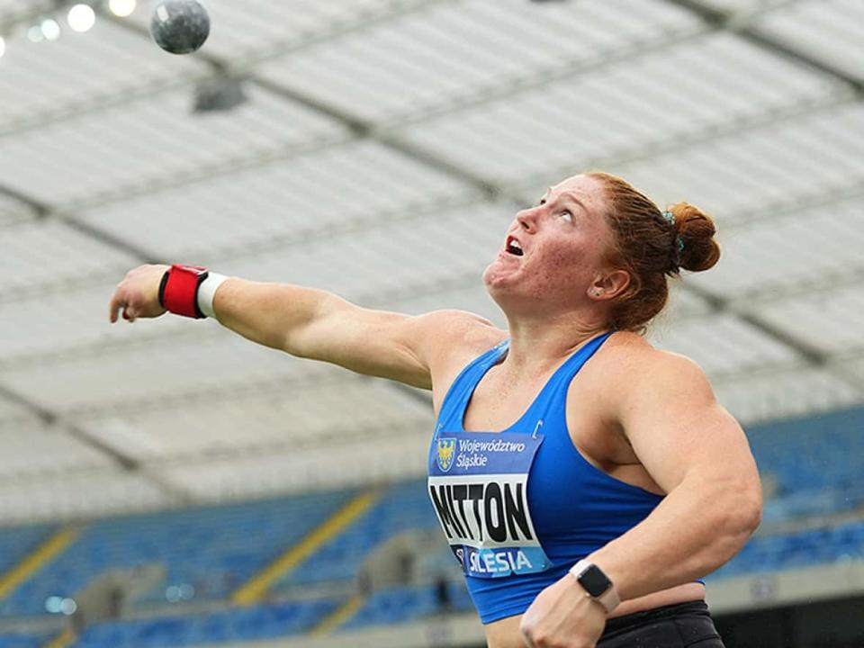Canada's Sarah Mitton managed her second top-three finish in three Diamond League meets this season, placing third on Saturday in women's shot put with a throw of 19.44 metres at Silesia Kamila Skolimowska in Chorzow, Poland. (Aleksandra Szmigiel/Reuters - image credit)