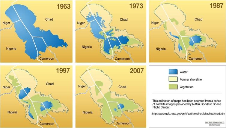 <span class="caption">Lake Chad has been disappearing because of repeated droughts and excessive use of its waters for irrigation.</span> <span class="attribution"><span class="source">Philippe Rekacewicz, Le Monde diplomatique, February 2008</span></span>