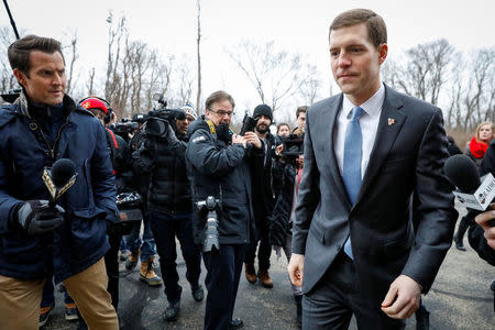 Democratic congressional candidate Conor Lamb arrives to vote in Mt. Lebanon, Pennsylvania, U.S., March 13, 2018. REUTERS/Brendan McDermid