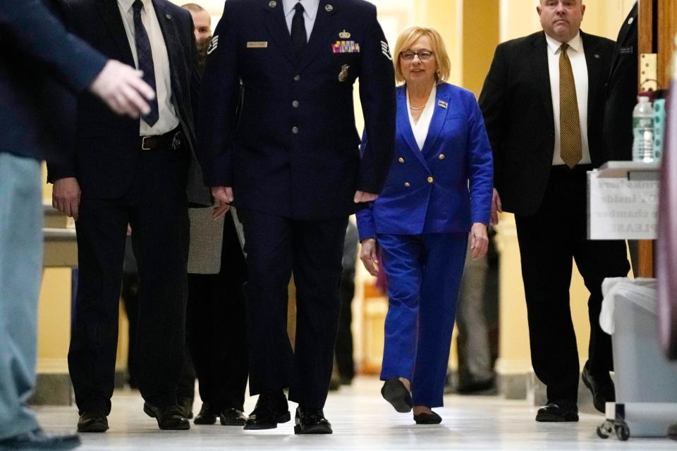 Democratic Gov. Janet Mills walks to the House Chamber prior to delivering her State of the State address, Tuesday, Jan. 30, 2024, at the State House in Augusta, Maine.