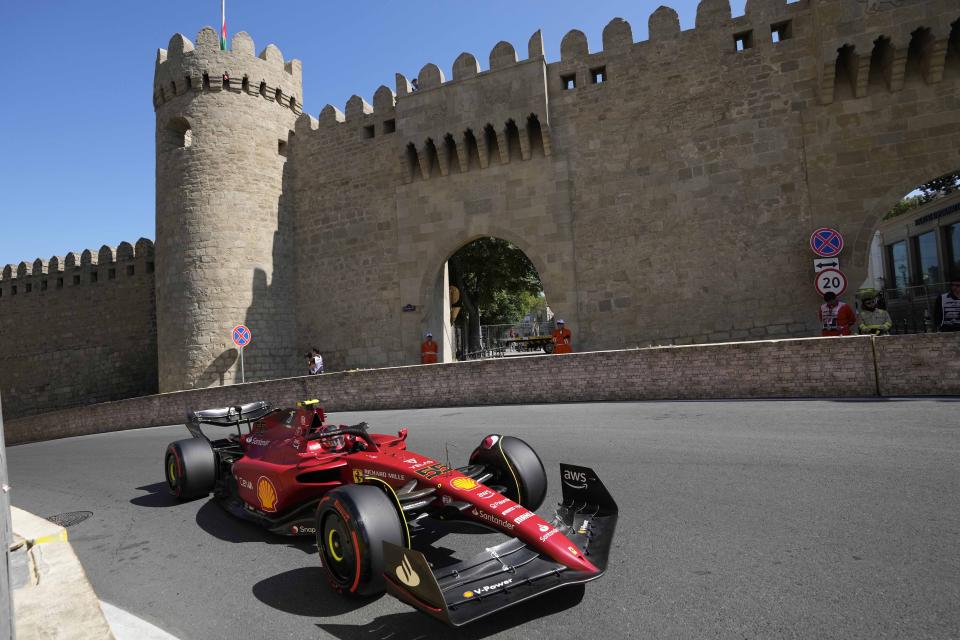 Ferrari driver Carlos Sainz of Spain steers his car during the first free practice at the Baku circuit, in Baku, Azerbaijan, Friday, June 10, 2022. The Formula One Grand Prix will be held on Sunday. (AP Photo/Sergei Grits)