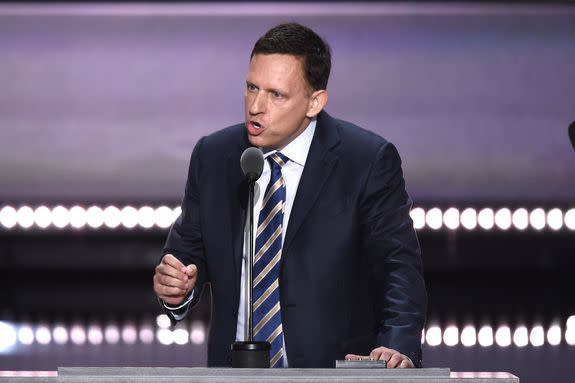 Venture Capitalist Peter Thiel addresses delegates on the fourth and final day of the Republican National Convention.