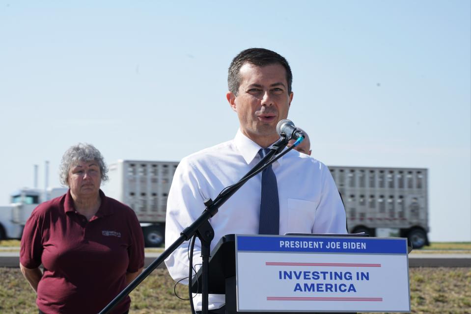 U.S. Transportation Secretary Pete Buttigieg announces an $80 million grant for highway safety improvements at a press conference at a rest stop on I-90 outside of Salem, SD, on Tuesday, Sept. 12, 2023.