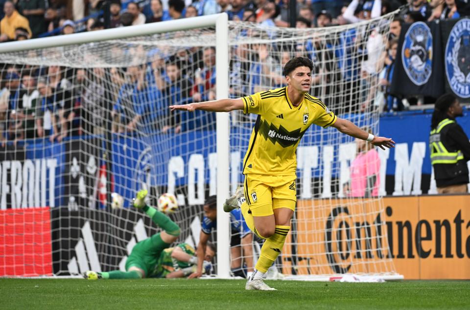 May 15, 2024; Montreal, Quebec, CAN; Columbus Crew forward Max Arftsen (27) reacts after scoring during the first half against CF Montreal at Stade Saputo. Mandatory Credit: David Kirouac-USA TODAY Sports