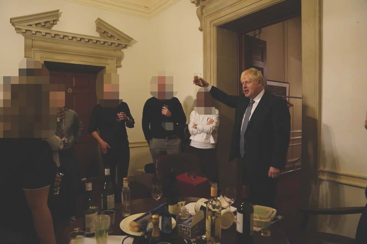 Boris Johnson at a leaving gathering in the vestibule of the Press Office of 10 Downing Street (PA Media)