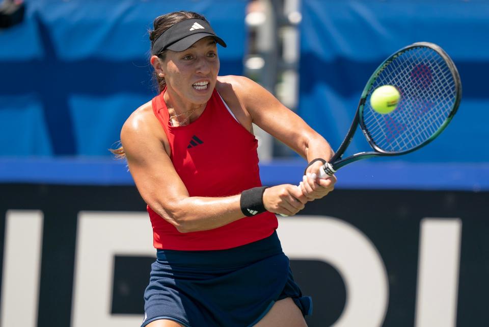 Jessica Pegula returns a shot Saturday against Julia Grabher in the Billie Jean King Cup qualifier at the Delray Beach Tennis Center.