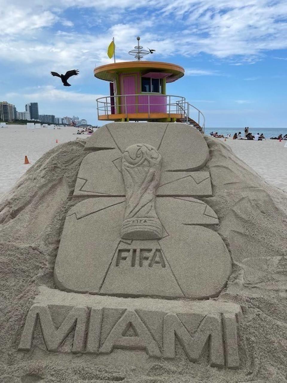 Sand sculpture of World Cup 2026 logo on Miami Beach.