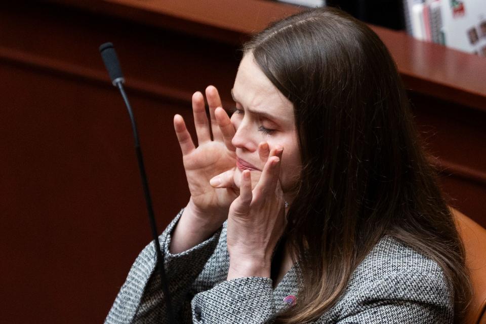 Rep. Sahara Hayes, D-Millcreek, wipes her eyes after speaking about HB257 at the Capitol in Salt Lake City on Friday, Jan. 19, 2024. | Marielle Scott, Deseret News