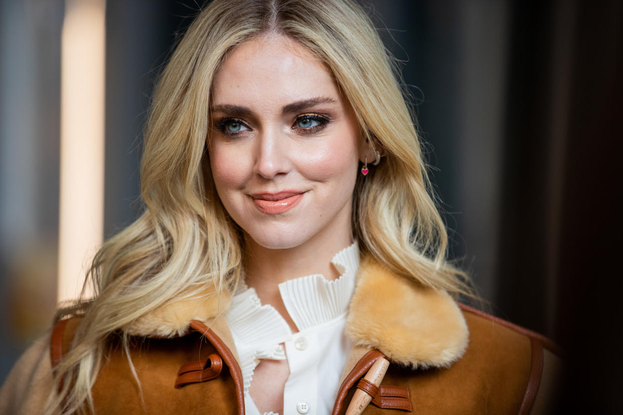 MILAN, ITALY - FEBRUARY 22: Portrait of Chiara Ferragni wearing brown oversized jacket Calzedonia, blouse during Milan Fashion Week Fall/Winter 2020-2021 on February 22, 2020 in Milan, Italy. (Photo by Christian Vierig/Getty Images)