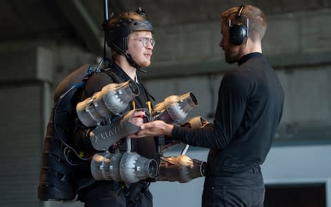 Tom prepares to fly the Iron Man-style jet suit at Gravity Industries - Credit: JULIAN SIMMONDS 