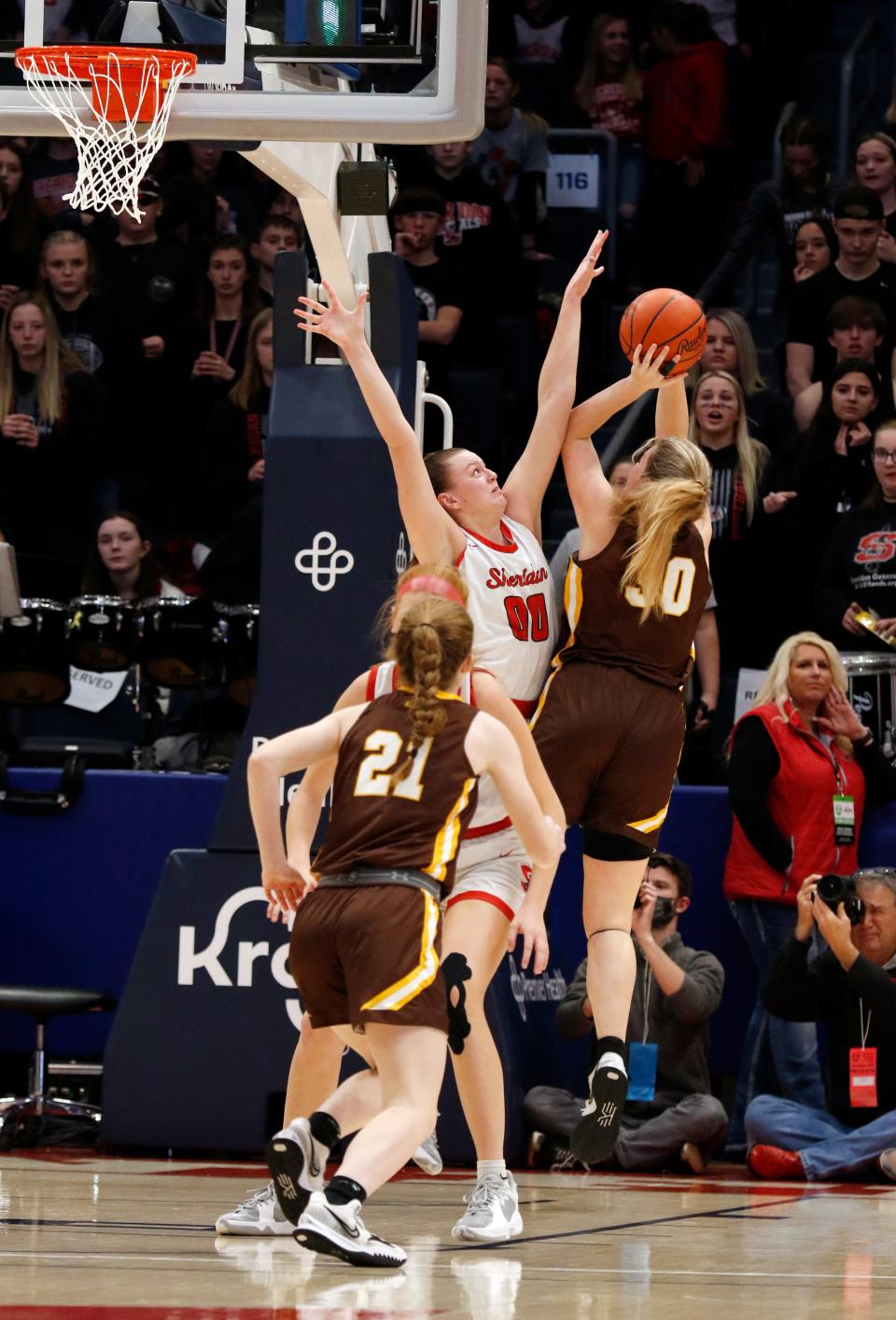 Faith Stinson, left, goes up for a block on Maddie Moody during Sheridan's 54-38 loss to Kettering Alter in the Division II state championship game on March 12, 2022, at University of Dayton Arena. Stinson is now at IUPUI after transferring from Akron, and has helped younger sister Jamisyn in the recruitment process.