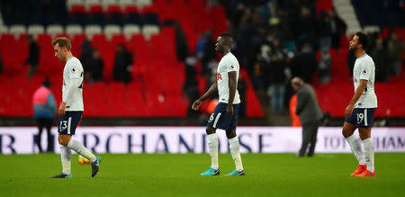 Soccer Football - Premier League - Tottenham Hotspur vs West Bromwich Albion - Wembley Stadium, London, Britain - November 25, 2017 (L - R) Tottenham's Christian Eriksen, Davinson Sanchez and Mousa Dembele look dejected after the match REUTERS/Hannah McKay