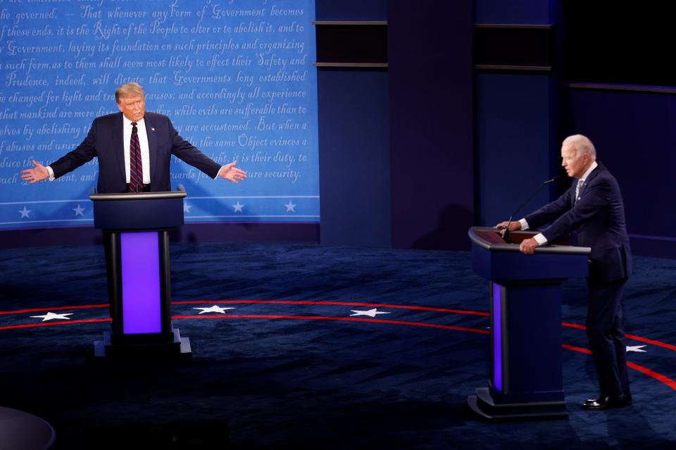 U.S. President Donald Trump and Democratic presidential nominee Joe Biden participate in their first 2020 presidential campaign debate held at Case Western Reserve University in Cleveland, Ohio on September 29, 2020.