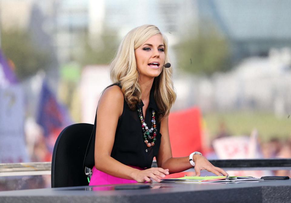 Samantha Ponder on the set of ESPN College Gameday before the game between Alabama and Michigan at Cowboys Stadium in 2012.