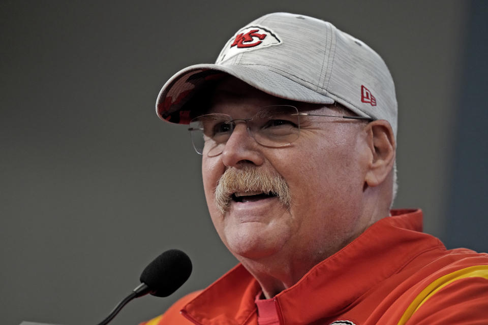 Kansas City Chiefs head coach Andy Reid talks to the media before an NFL football workout Wednesday, Jan. 25, 2023, in Kansas City, Mo. The Chiefs are scheduled to play the Cincinnati Bengals Sunday in the AFC championship game. (AP Photo/Charlie Riedel)
