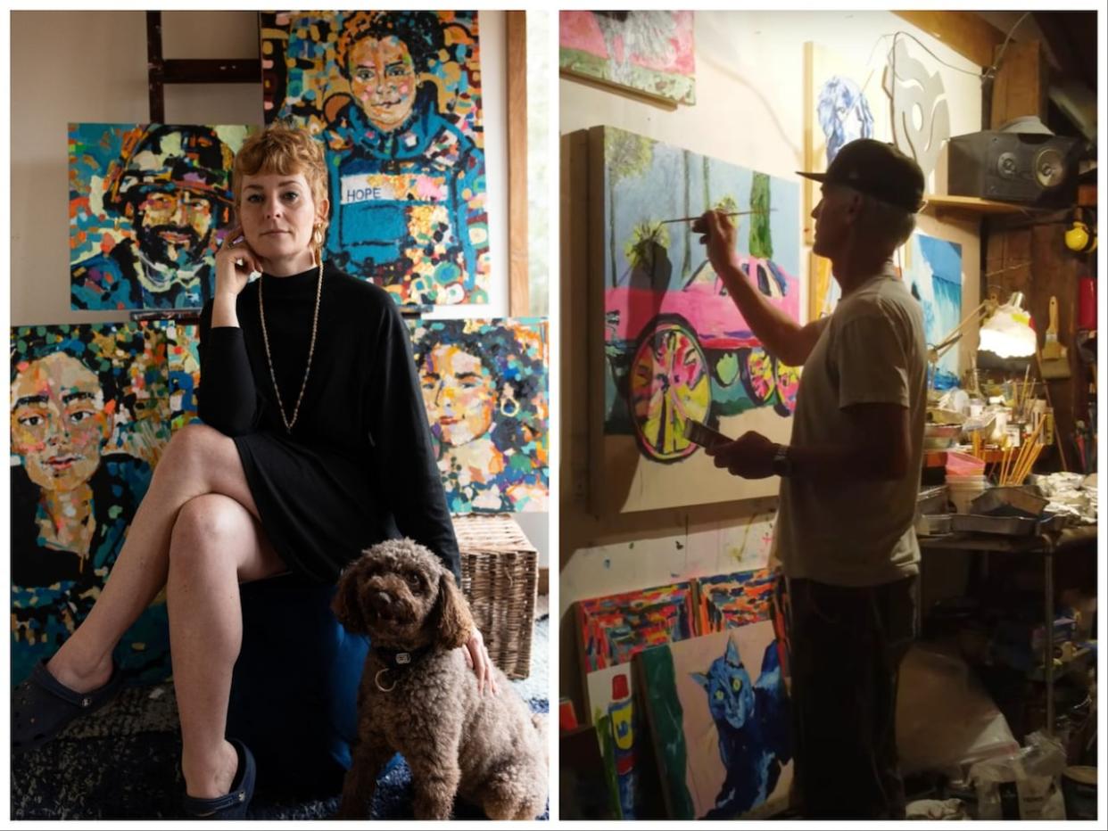 Jenn Grant and Andrew Scott are shown with some of their artwork. Before their music careers, both attended NSCAD University in Halifax. (Lindsay Duncan/Sloan/YouTube - image credit)