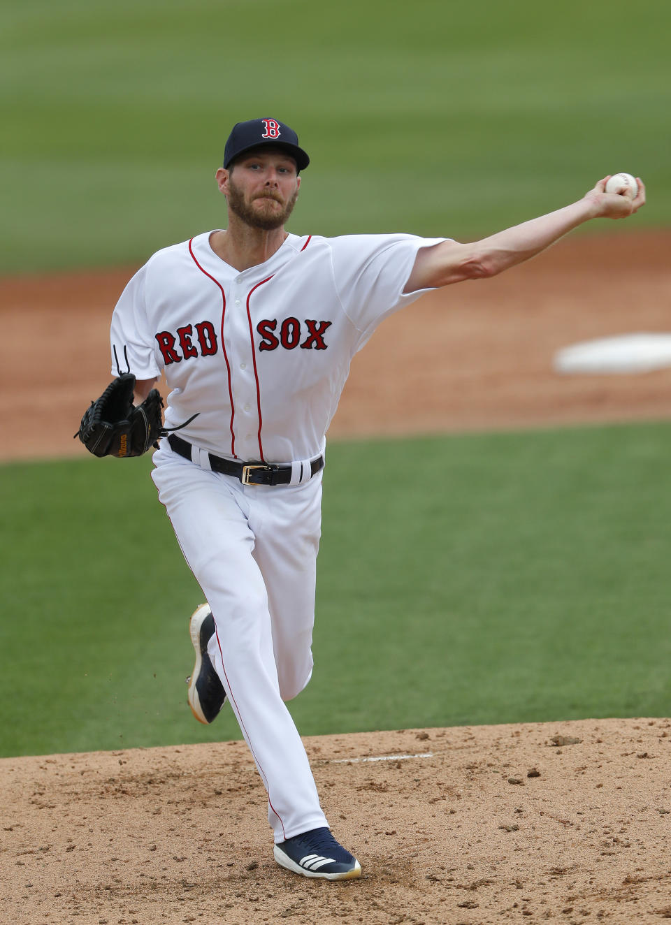 Boston Red Sox starting pitcher Chris Sale (41) works against the Atlanta Braves in the second inning of a spring training baseball game Saturday, March 16, 2019, in Fort Myers, Fla. (AP Photo/John Bazemore)